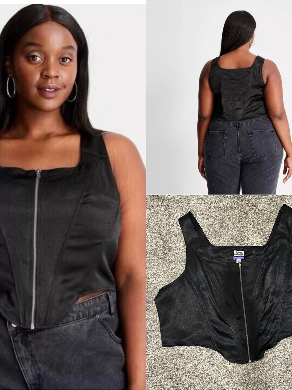 Zip-Front Black Faux-Leather Cropped Tank Top